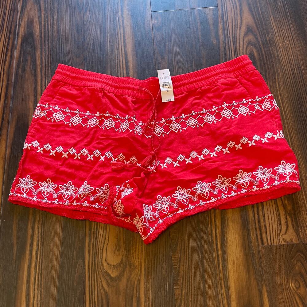 NWT Loft Linen Blend Pull On Elastic Waist Embroidered Shorts W/Tassel Ties XL